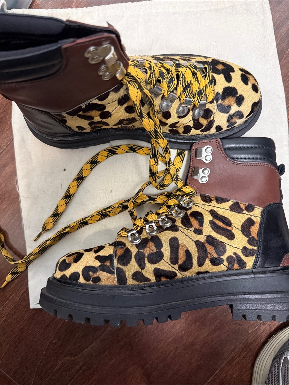 ASOS Leopard Print Hiker Ankle Boots with Yellow Laces